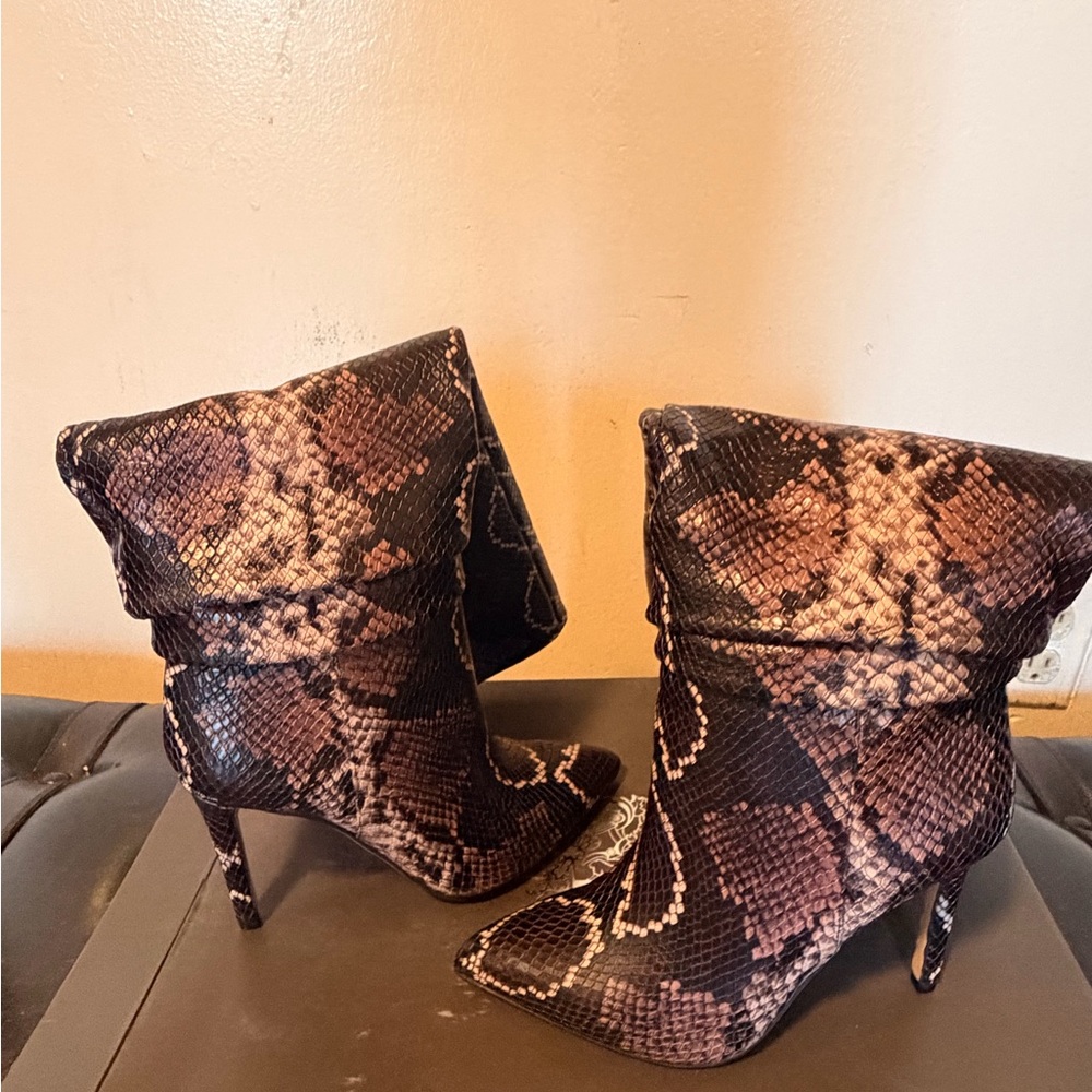 Vince Camuto Women's Snake-Print Fold-Over Stiletto Ankle Boots - Black/Brown